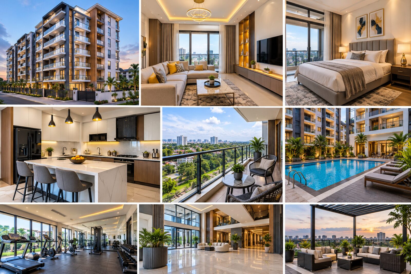 Modern apartment building with pool, gym, balcony views and rooftop terrace